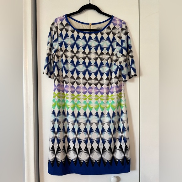 Eliza J  Shift Dress Geometric Colorful Short Sleeve Career Cocktail Size 12P - Picture 1 of 9
